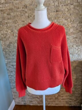 Gap Orange Shaker Stitch Rolled Neck Pocket Sweater Sz Med Knit 100% Cotton